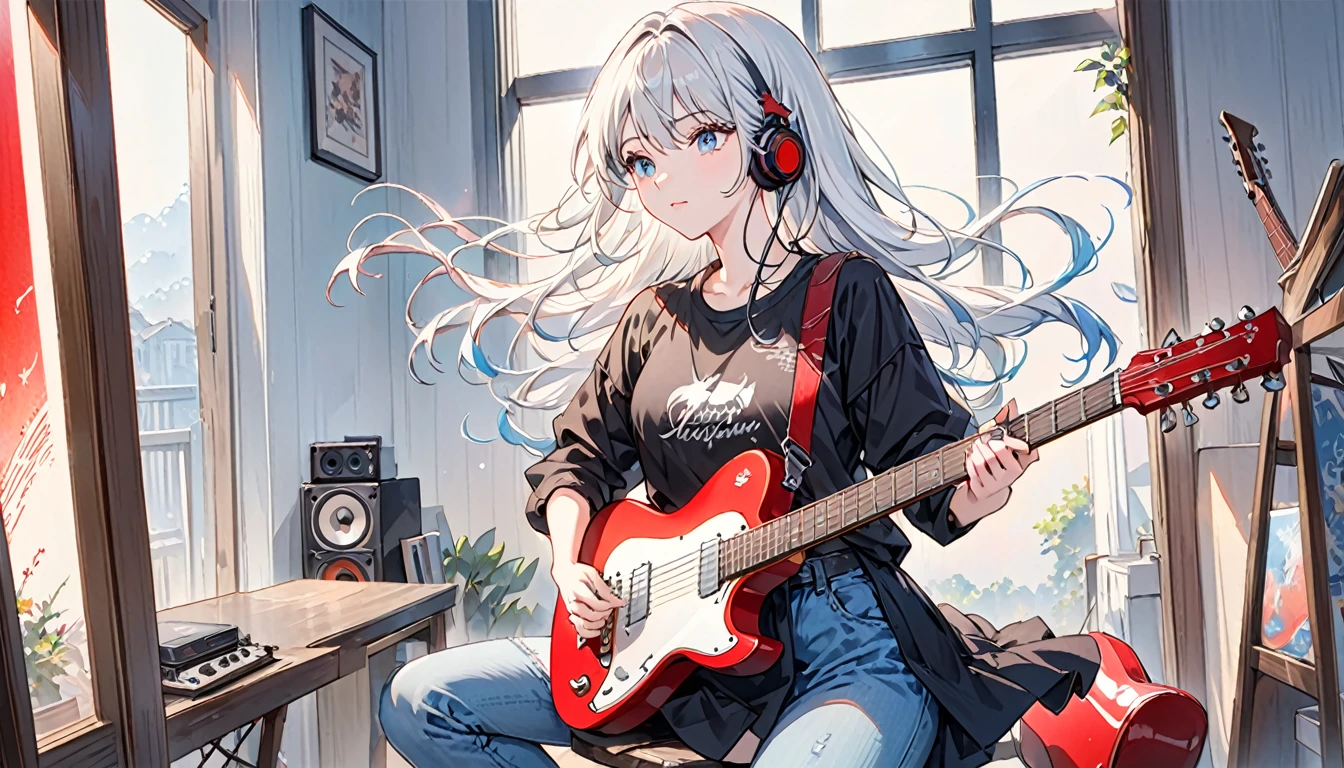 ((masterpiece、Highest quality)) One girl、alone、Black Skirt、Silver-white hair、blue eyes、エレキguitar、guitar、Headphones、lift、Thorn、musical instrument、long hair、music、From one side to the top、Red reflection black hair、playing the guitar、jeans、Black Shirt、Inside