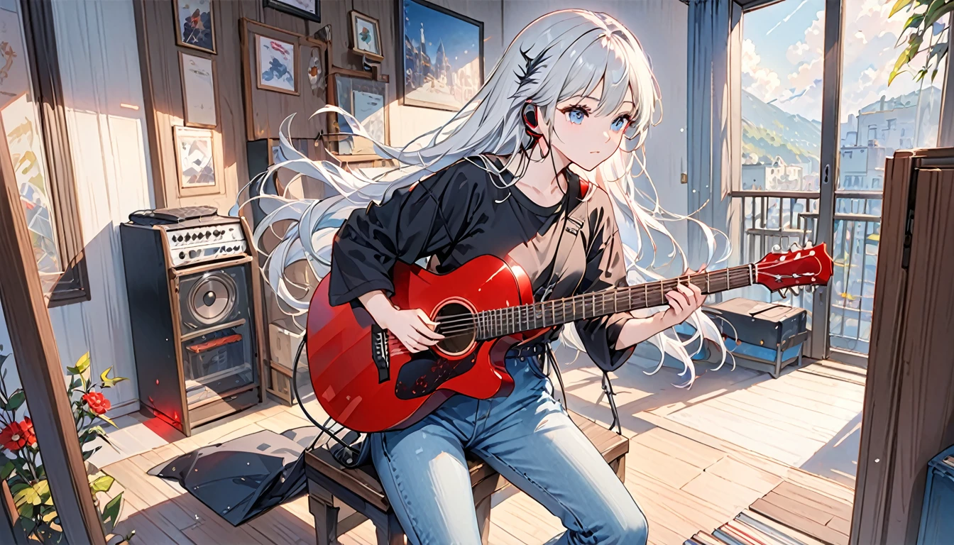 ((masterpiece、Highest quality)) One girl、alone、Black Skirt、Silver-white hair、blue eyes、エレキguitar、guitar、Headphones、lift、Thorn、musical instrument、long hair、music、From one side to the top、Red reflection black hair、playing the guitar、jeans、Black Shirt、Inside