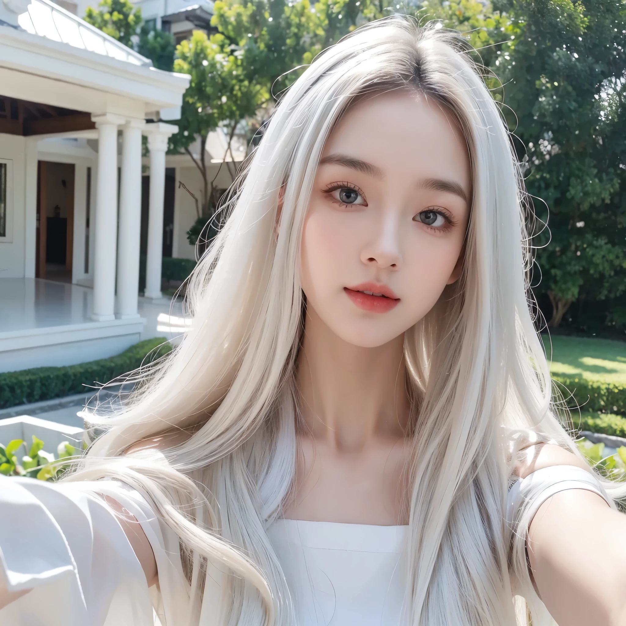 1 woman, White long curly hair,Natural and beautiful hair,The background is simple, clean and beautiful. White hair, selfie. House.