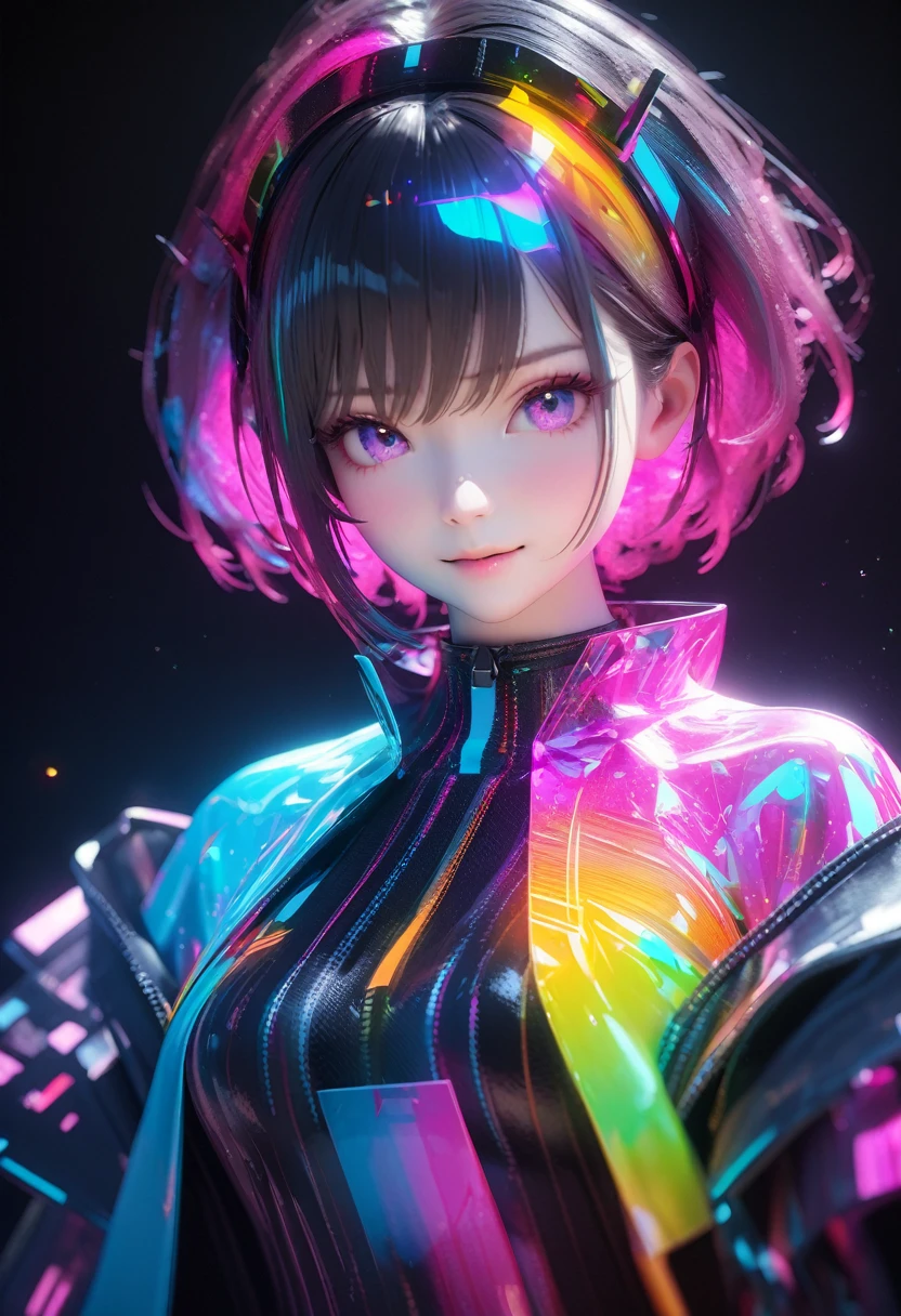 holography, Draw in neon colors:1 Girl:future, transparent, 3D, Light, sf, Digital art, Digital, scientific, Dark Background: electronic circuit: Draw in neon colors, 3d, masterpiece, Digital空間, energy, beautiful, masterpiece, 8K, Light, become close, Vibrant, colorful, Nice, beautiful, Rich colors, beautiful Light Lines. Magical Effects, Sparkling, beautiful Light Grains