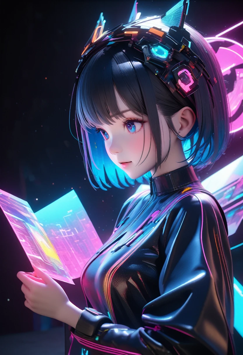 holography, Draw in neon colors:1 Girl:future, transparent, 3D, Light, sf, Digital art, Digital, scientific, Dark Background: electronic circuit: Draw in neon colors, 3d, masterpiece, Digital空間, energy, beautiful, masterpiece, 8K, Light, become close, Vibrant, colorful, Nice, beautiful, Rich colors, beautiful Light Lines. Magical Effects, Sparkling, beautiful Light Grains