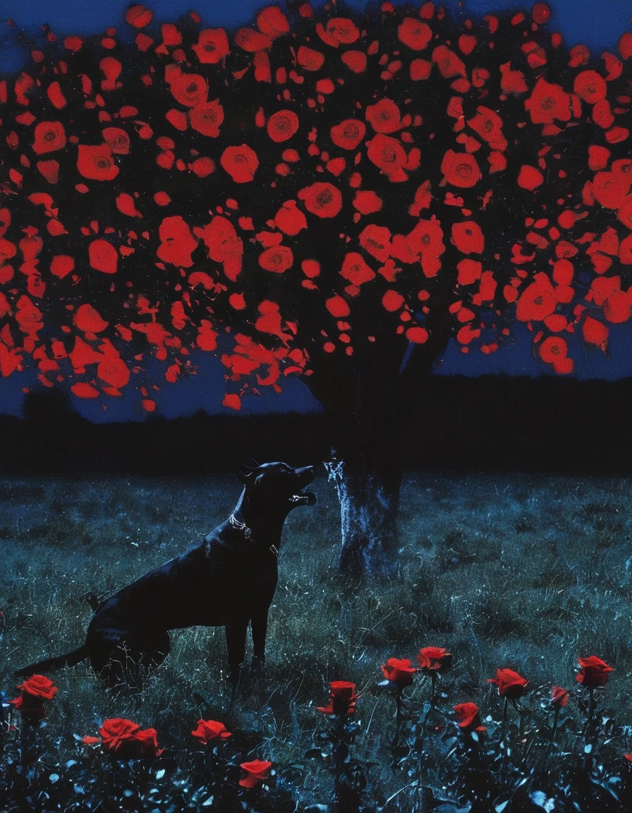 film photography, vintage, long view of red roses field with silhouette of dog, blue dark forest night background