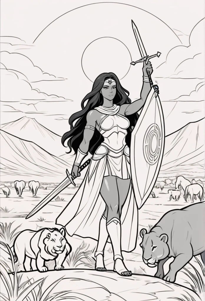 Vector Art, Flattening, smooth line art, Minimalism, graphic design aesthetics, flat illustration, (masterpiece, best quality, perfect composition, very aesthetic) A line art black and white outline of a christian nubian warrior, resembling Wonder Women long flowing hair, different nationalities, easy to color design, up close, combat ready, sword and shield in hand, Background realistic and minimalistic African Serengeti landscape, simple trees and mountains, clear sky with clouds, animals in the Serengeti in the background, for a coloring page, warrior strength and connection to the land with different poses, realistic 