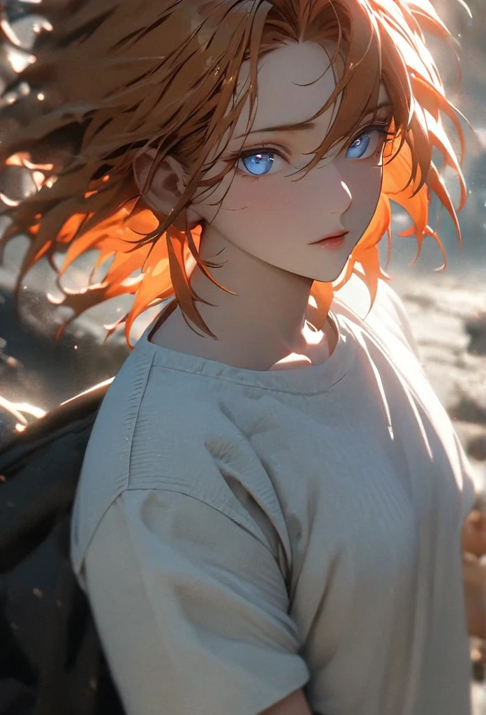 (solo), orange hair, messy hair, mane hair, short hair, dense hair, wild hair, expressive hair, mature,(25 year old), pale skin, blue eyes, ((male)), wearing a white shirt,, handsome, attractive, eye reflection, depth of field, thunder aura,cinematic lighting, ray tracing, depth of field, cinematic lighting, ray tracing, UHD, high details, best quality, highres, high quality, award winning, super detail, masterpiece, 8k, UHD, high details, best quality, highres, high quality, award winning, super detail, masterpiece, 8k, digital art, anime coloring, body shot, good face, perfect face, detailed face, good eyes