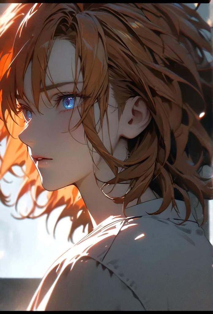 (solo), orange hair, messy hair, mane hair, short hair, dense hair, wild hair, expressive hair, mature,(25 year old), pale skin, blue eyes, ((male)), wearing a white shirt,, handsome, attractive, eye reflection, depth of field, thunder aura,cinematic lighting, ray tracing, depth of field, cinematic lighting, ray tracing, UHD, high details, best quality, highres, high quality, award winning, super detail, masterpiece, 8k, UHD, high details, best quality, highres, high quality, award winning, super detail, masterpiece, 8k, digital art, anime coloring, body shot, good face, perfect face, detailed face, good eyes