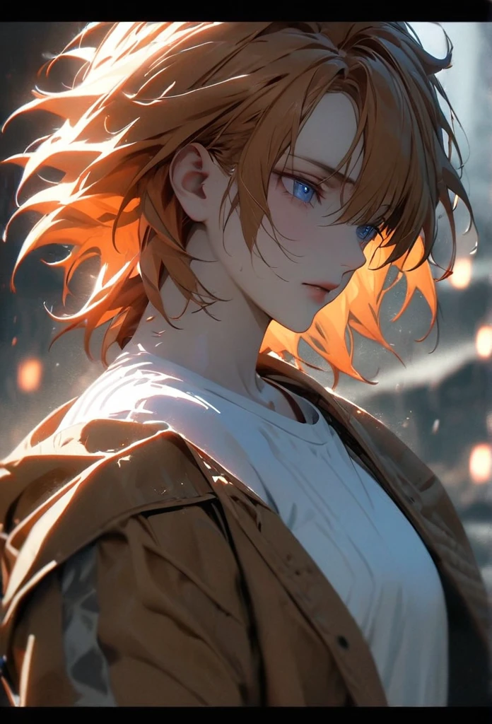 (solo), orange hair, messy hair, mane hair, short hair, dense hair, wild hair, expressive hair, mature,(25 year old), pale skin, blue eyes, ((male)), wearing a white shirt,, handsome, attractive, eye reflection, depth of field, thunder aura,cinematic lighting, ray tracing, depth of field, cinematic lighting, ray tracing, UHD, high details, best quality, highres, high quality, award winning, super detail, masterpiece, 8k, UHD, high details, best quality, highres, high quality, award winning, super detail, masterpiece, 8k, digital art, anime coloring, body shot, good face, perfect face, detailed face, good eyes