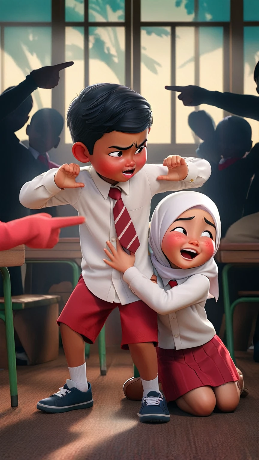 3d image of an Indonesian boy wearing a white shirt, red tie and red shorts who is trying to protect himself by puffing out his chest and hands, he is protecting a girl wearing a white hijab, white long-sleeved shirt and red skirt, feeling very scared, hiding behind his back, You can see hands pointing at them, in the background silhouettes of children pointing at them while laughing, classroom background