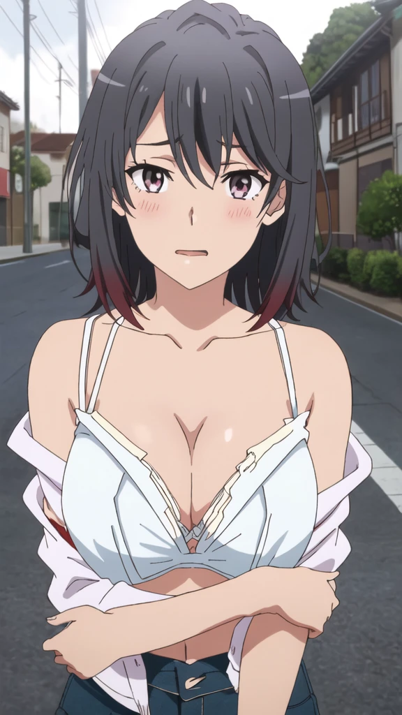 {Yukinoshita_Haruno_yahariorenoseishunlovecomewamachigatteiru:1.15},black hair, pink_eyes, , 1 girl,,alone, hair between eyes,(torn clothes,White , white :1.5),,  shoulders,, ,thighhighs,short hair, (( face:1.5)) , beautiful light, half eye closed, close up face,Drooling　　　　　　　　　　　　　　　　　　　　　　　　　　　　　　　　　　　　　　　　　　　　　　　　　　　　　　　　　　beautiful upper body, Beautiful body, beautiful character design, perfect eyes, Perfect face, expressive eyes, looking at the viewer,(lie on road),in the center of the image, official art,High Definition CG Unity, Perfect lit, bright_front_face_lit, ,(Highest_quality:1.0),4K,Super detailed, photograph, 8K, nffsw, High resolution, absurdes:1.2, kodak portrait 400, film grain, Lens flare, (lively_Farbe:1.2) (beautiful,:1.4), (beautiful_face:1.3),(narrow_waist),blush, ((detail )),, 