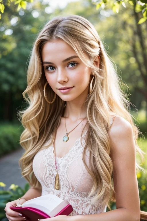Generate an image of a young, beautiful woman, 21 years old, a Social Sciences university student. She has fair skin, average height (1.65m), beautiful body and long, blonde, curly hair, with pink tips, with light brown eyes. She wears a pink lace dress. She wears accessories such as a compass pendant necklace, pearl earrings and a travel notebook, symbolizing her thirst for adventure and exploration, elegance and her desire to record her experiences. Her personality is gentle, sweet and sincere, with a free spirit and an insatiable curiosity about the world around her. Aurora is optimistic and sees beauty in the little things in life. Her skills include empathy, curiosity, and clear, honest communication. The image should portray you in a gentle and dreamy way, perhaps in a peaceful setting in nature or in a cozy cafe, reflecting your personality and your desire to explore the world.