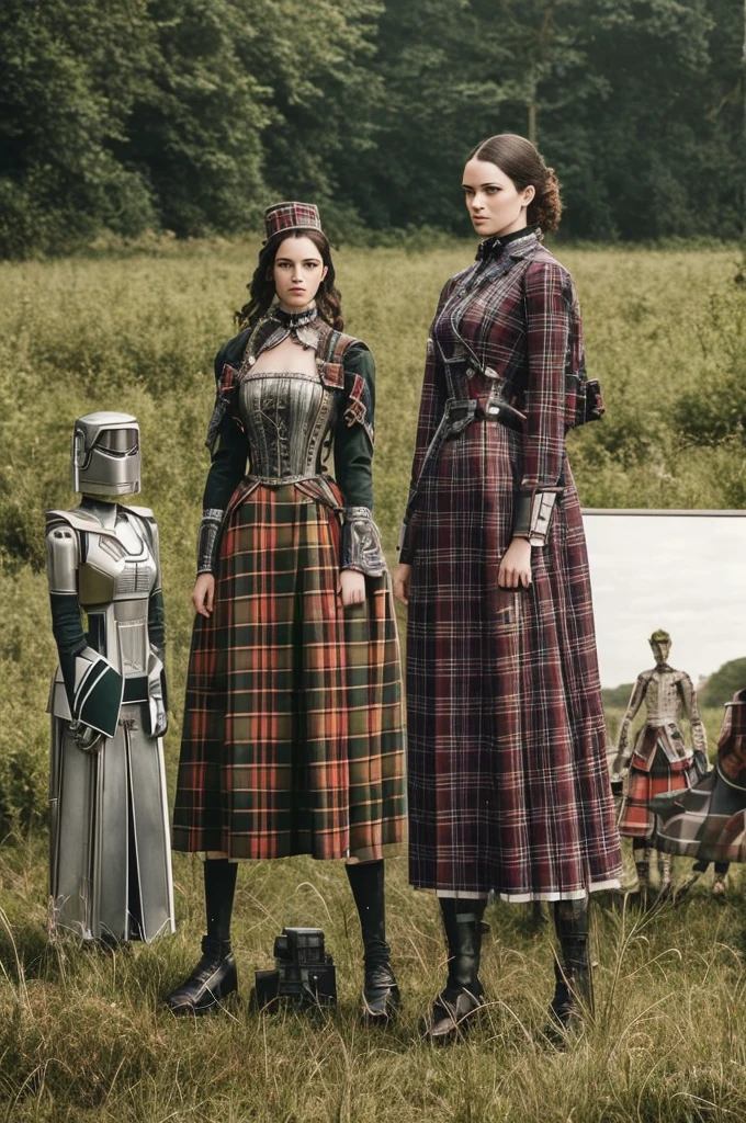there is a woman standing next to a robot in a field, vogue italia, tartan garment, classical animation, scott robertson, two models in the frame, victorian photograph, two women, cyborg warrior
