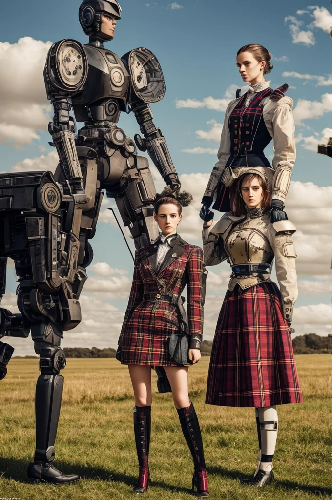 there is a woman standing next to a robot in a field, vogue italia, tartan garment, classical animation, scott robertson, two models in the frame, victorian photograph, two women, cyborg warrior
