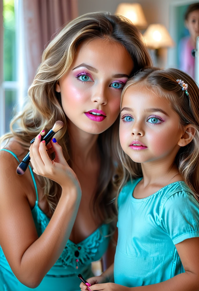 a young girl sees her mother putting make up and mimics her moves,  (highest quality:1.2, Very detailed, up to date, Vibrant, Ultra-high resolution, High Contrast, masterpiece:1.2, highest quality, Best aesthetics), best details, best quality, highres, ultra wide angle, 16k, [ultra detailed], masterpiece, best quality, (extremely detailed), 