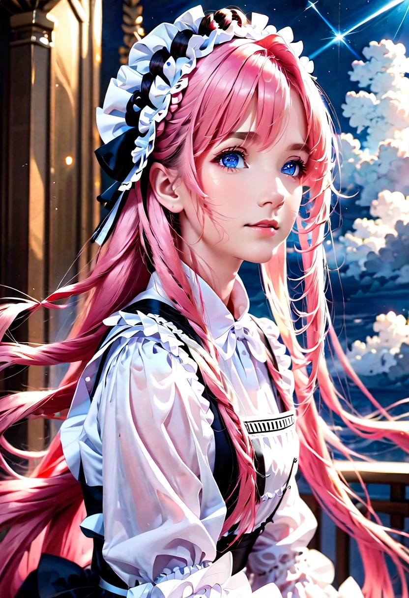 best quality, masterpiece,pink long hair, blue eyes,maid clothes, looking up, upper body,hair strand,Fair skin,side braids,  around 10 age