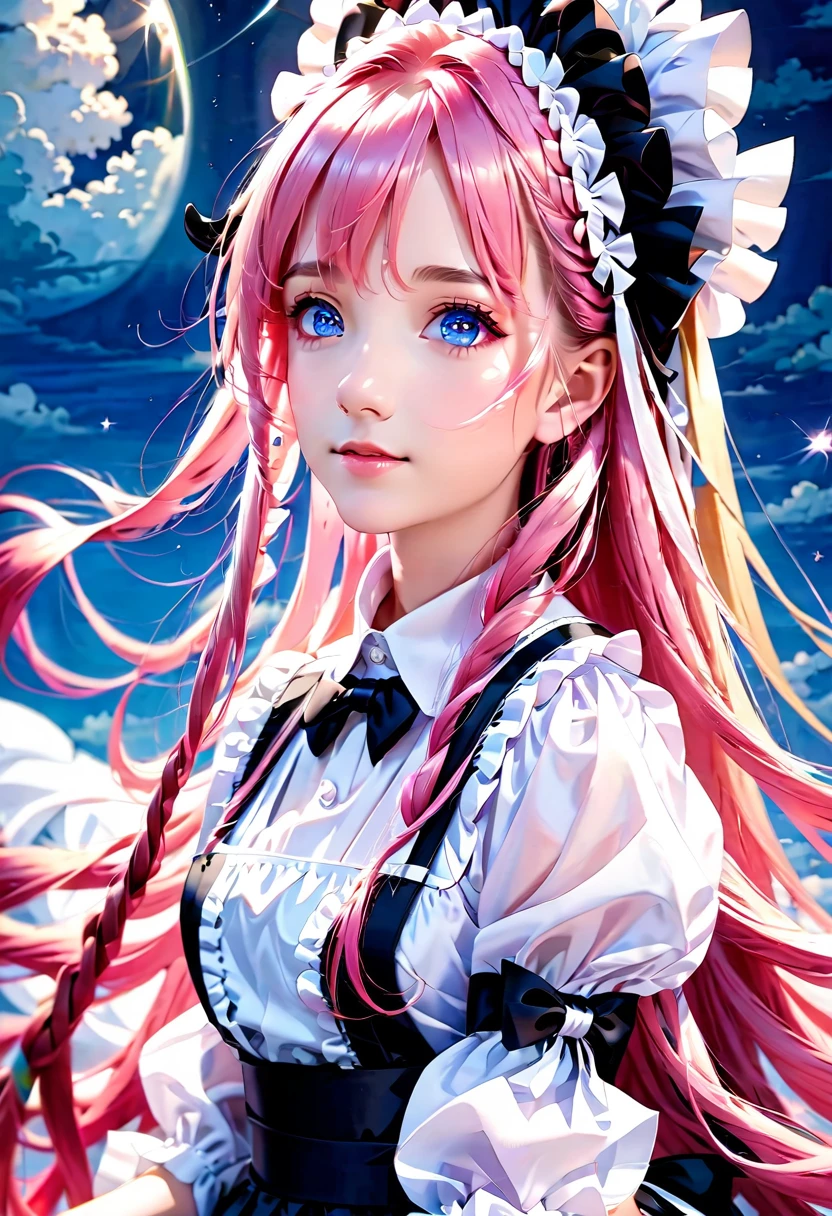 best quality, masterpiece,pink long hair, blue eyes,maid clothes, looking up, upper body,hair strand,Fair skin,side braids,  around 10 age
