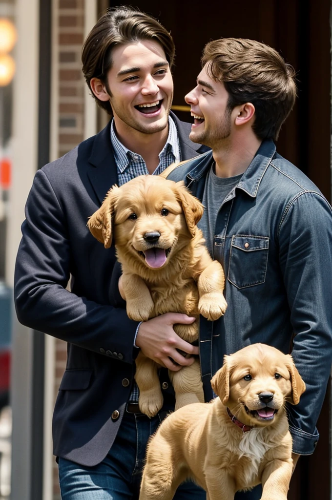 Timmy's face lights up with uncontainable joy as he sees his approaching, carrying a fluffy golden retriever puppy in their arms.