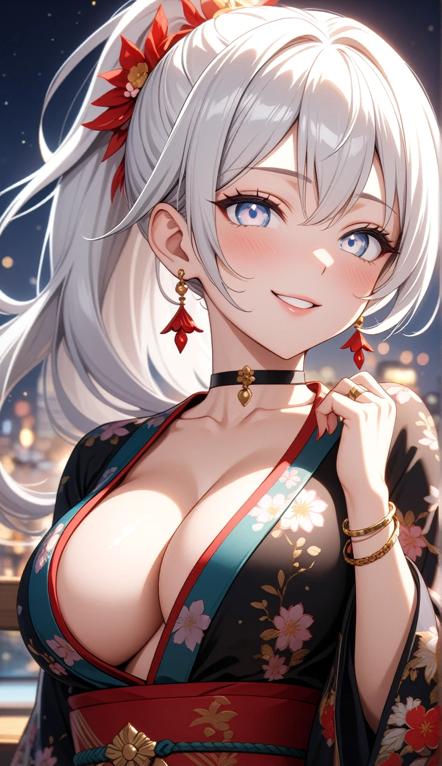 ((One personの女性)), Beautiful Face, head tilt, ((seductive smile)),((Wink:1.9)),((Touch your lips)), Laugh with your mouth wide open,((Bright red cheeks:1.4)),Shiny red lips,night,rooftop,You can see the ocean, firework,Laughing with your mouth open,Glossy pink lips,Facial lighting,((Anime style background)),masterpiece, Highest quality, so beautiful,up to date, Complex details, (Pink long nails),(ring),(bracelet),(choker),AI-generated, Complex,High resolution, Highest quality, super high quality,3D Images、3D Images,One person,Long white hair,High Ponytail,(blue eyes),Anime woman posing for a photo, ((Fine grain、Silvery white colorful eyes、Shining Eyes:1.3)),(Squint your eyes:1.1),a hyperRealistic , hyperRealistic , Realistic,Anime woman with long white hair, Smooth anime CG art, A woman in a colorful kimono with gold embroidery, (Black long sleeve kimono),Red floral pattern,Long flower hair ornament,Earrings, Body,(Big Brexpensive,Abdominal muscles,Tight waist,(Zoom up to face:1.7),Shooting from diagonally below