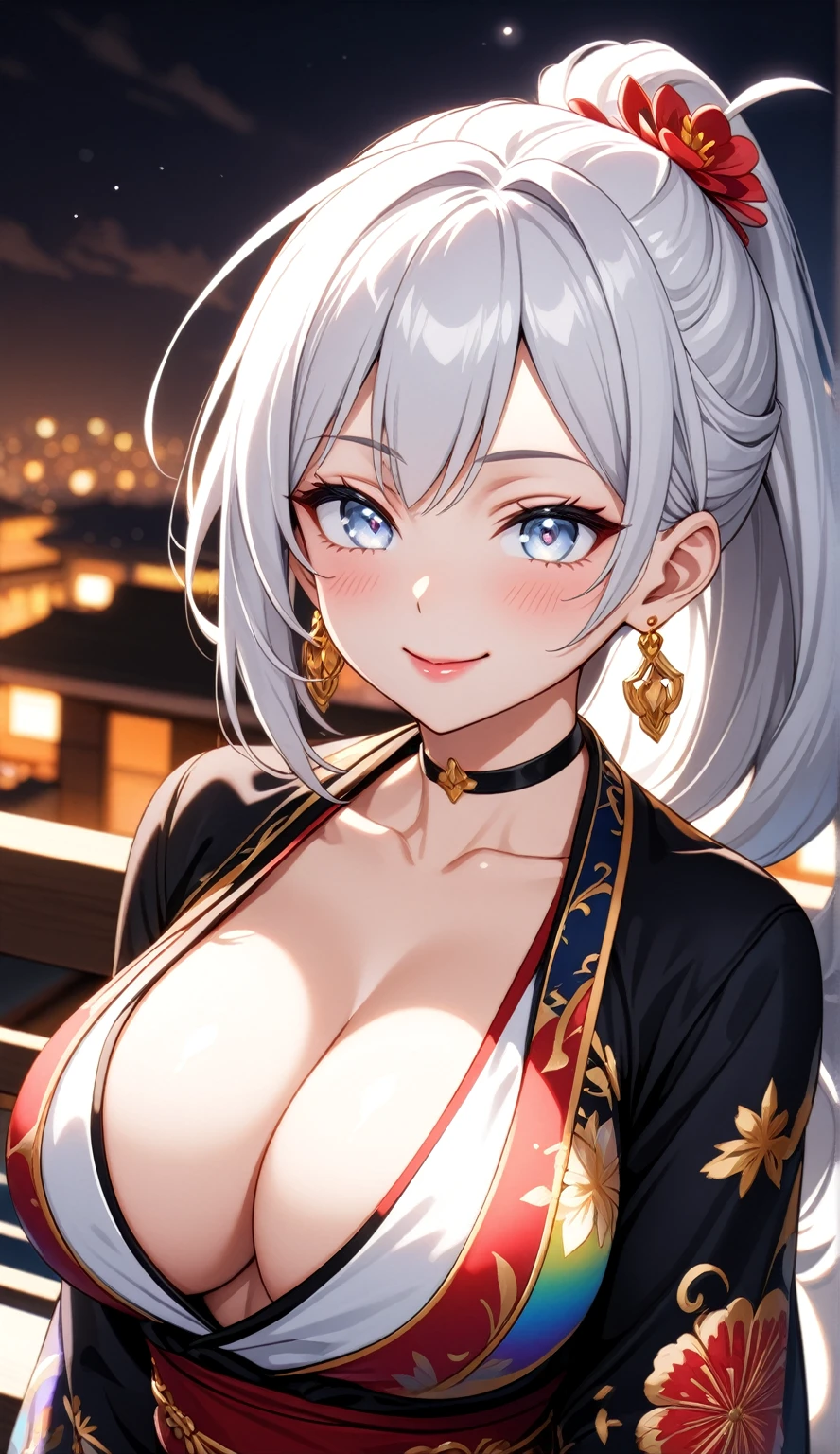 ((One personの女性)), Beautiful Face, head tilt, ((seductive smile)),((Wink:1.9)),((Touch your lips)), Laugh with your mouth wide open,((Bright red cheeks:1.4)),Shiny red lips,night,rooftop,You can see the ocean, firework,Laughing with your mouth open,Glossy pink lips,Facial lighting,((Anime style background)),masterpiece, Highest quality, so beautiful,up to date, Complex details, (Pink long nails),(ring),(bracelet),(choker),AI-generated, Complex,High resolution, Highest quality, super high quality,3D Images、3D Images,One person,Long white hair,High Ponytail,(blue eyes),Anime woman posing for a photo, ((Fine grain、Silvery white colorful eyes、Shining Eyes:1.3)),(Squint your eyes:1.1),a hyperRealistic , hyperRealistic , Realistic,Anime woman with long white hair, Smooth anime CG art, A woman in a colorful kimono with gold embroidery, (Black long sleeve kimono),Red floral pattern,Long flower hair ornament,Earrings,Mature Body,(Big Breasts:1.1),expensive,Abdominal muscles,Tight waist,(Zoom up to face:1.7),Shooting from diagonally below