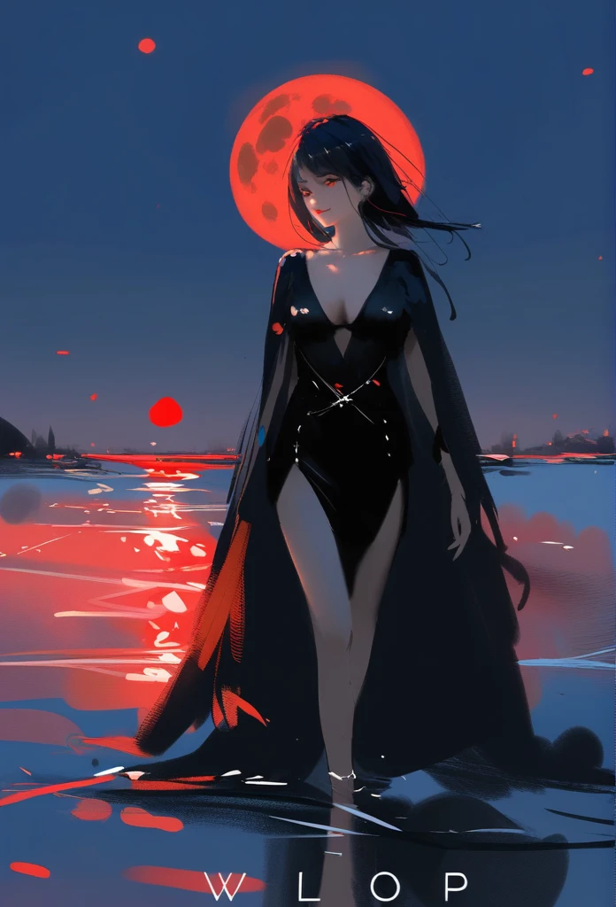 1girl, solo, wlop,
Black hair, gradient eyes, black cloak, seductive smile,
Walking on water, red moon, night sky
masterpiece, best quality,