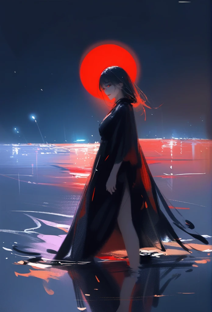 1girl, solo, wlop,
Black hair, gradient eyes, black cloak, seductive smile,
Walking on water, red moon, night sky
masterpiece, best quality,