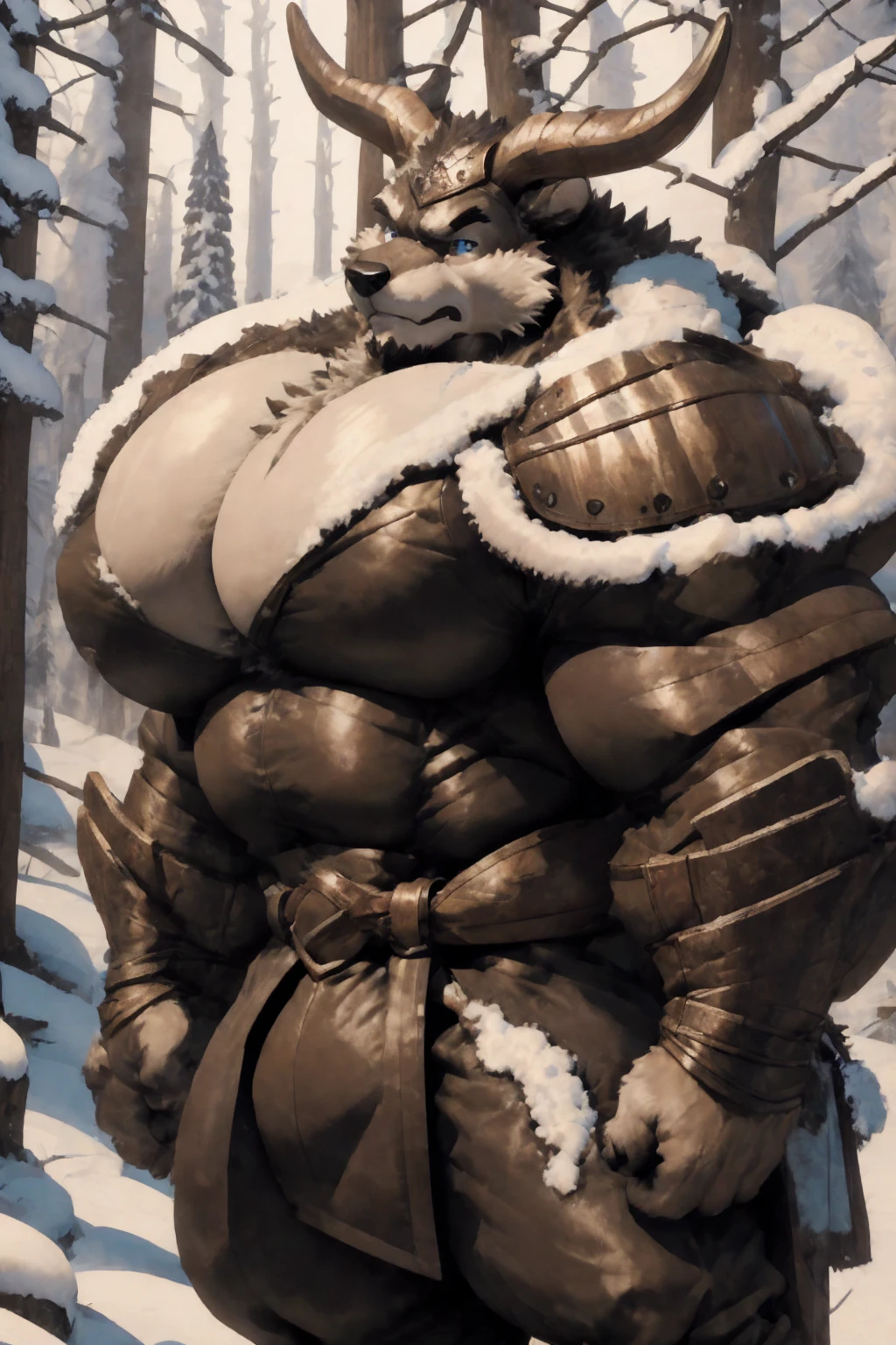 Minotaur, solo, muscular, perfect_eyes, perfect_face, abs, big_chest,wide_body, muscular_arms, winter, snowforest_background, solo, minotaur, angry, half_body, close_up, manly, man, muscular, brown_horns, big_eyes, orange_eyes, glowing_eyes, bara_body,hyper_muscles, hyper_chest, hyper_muscular_body, huge,forest, snow,snowy_forest, armor_pants, half_body,closeup, medieval_armor ,iron armor,armor,canines, moth_closed, angry,serious, HD, 4k, high_detailed_background