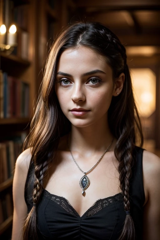 Generate an image of a very beautiful young woman aged 27, mystery writer, originally from London, England. She has fair skin, average height (1.68m), thin body and long, red, braided hair, with gray eyes. Big Eyes. She wears a long, gothic style dress. Her personality is enigmatic, introspective and sensitive, with an aura of mystery that makes her fascinating and intriguing to others. Lara has exceptional skills in historical and literary research, writing and observation, developed from a young age in an environment surrounded by books and mysteries. She wears accessories like an antique silver ring, a hardcover notebook and a necklace with a small glass bottle. She is essentially the enigmatic and contemplative mind of the group, initially distant, but becoming a fundamental piece, forming deep and lasting bonds.