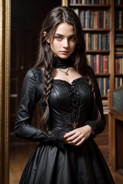 Generate an image of a very beautiful young woman aged 27, mystery writer, originally from London, England. She has fair skin, average height (1.68m), thin body and long, red, braided hair, with gray eyes. Big Eyes. She wears a long, gothic style dress. Her personality is enigmatic, introspective and sensitive, with an aura of mystery that makes her fascinating and intriguing to others. Lara has exceptional skills in historical and literary research, writing and observation, developed from a young age in an environment surrounded by books and mysteries. She wears accessories like an antique silver ring, a hardcover notebook and a necklace with a small glass bottle. She is essentially the enigmatic and contemplative mind of the group, initially distant, but becoming a fundamental piece, forming deep and lasting bonds.