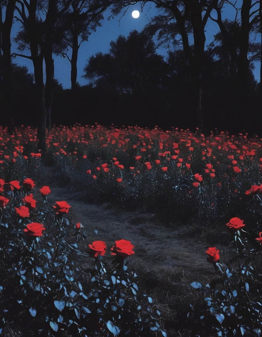 film photography, vintage, long view of red roses field with silhouette of horror, blue dark forest night background