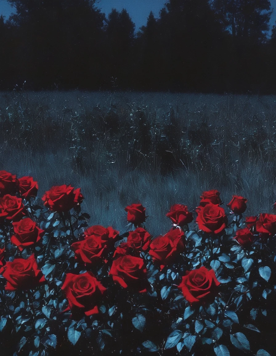 film photography, vintage, long view of red roses field with silhouette of horror, blue dark forest night background