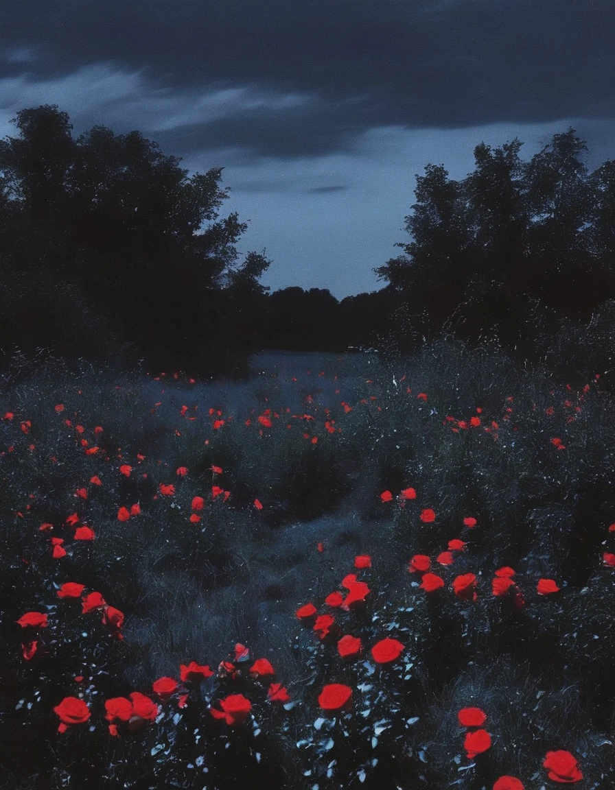 film photography, vintage, long view of red roses field with silhouette of horror, blue dark forest night background
