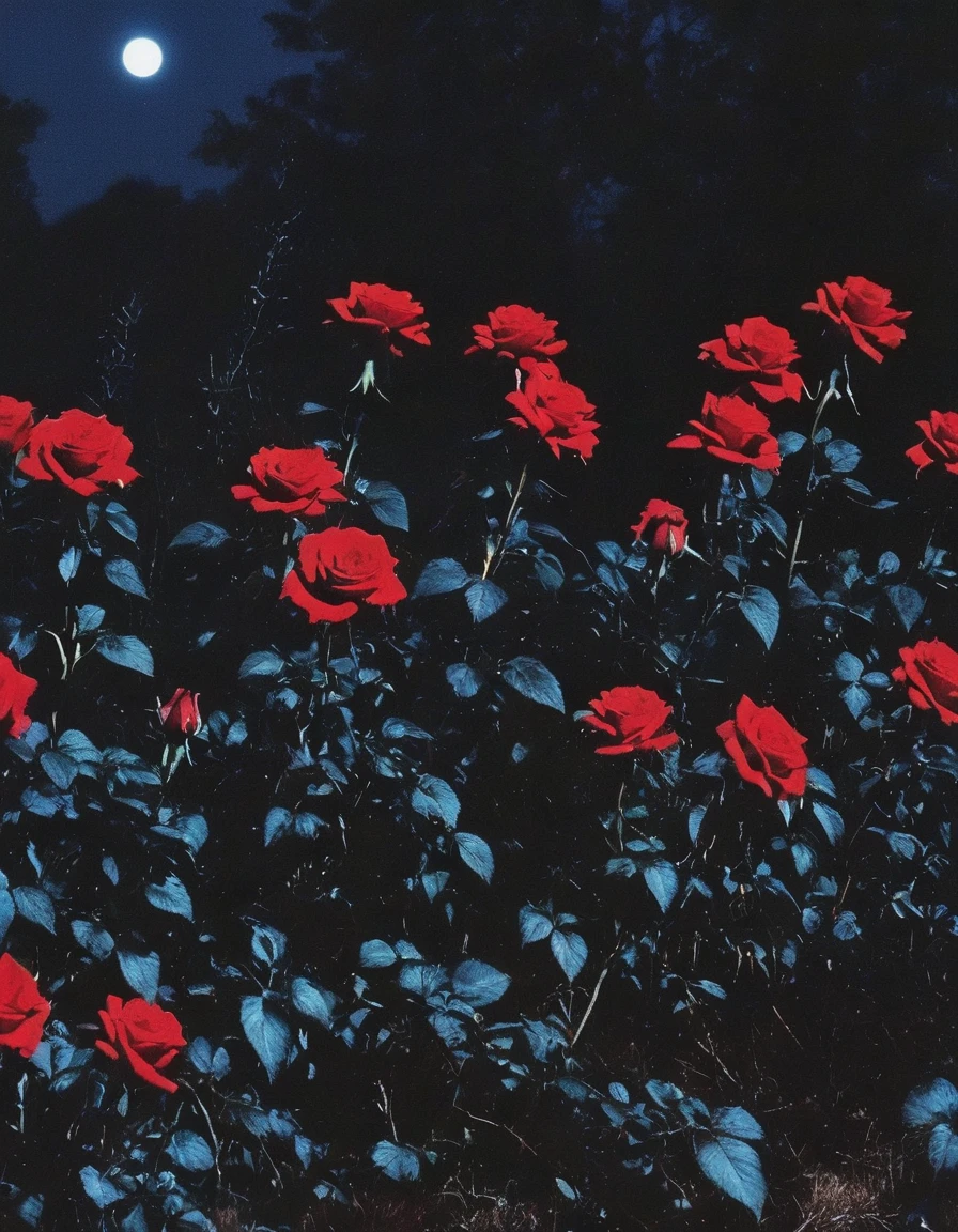 film photography, vintage, long view of red roses field with silhouette of horror, blue dark forest night background
