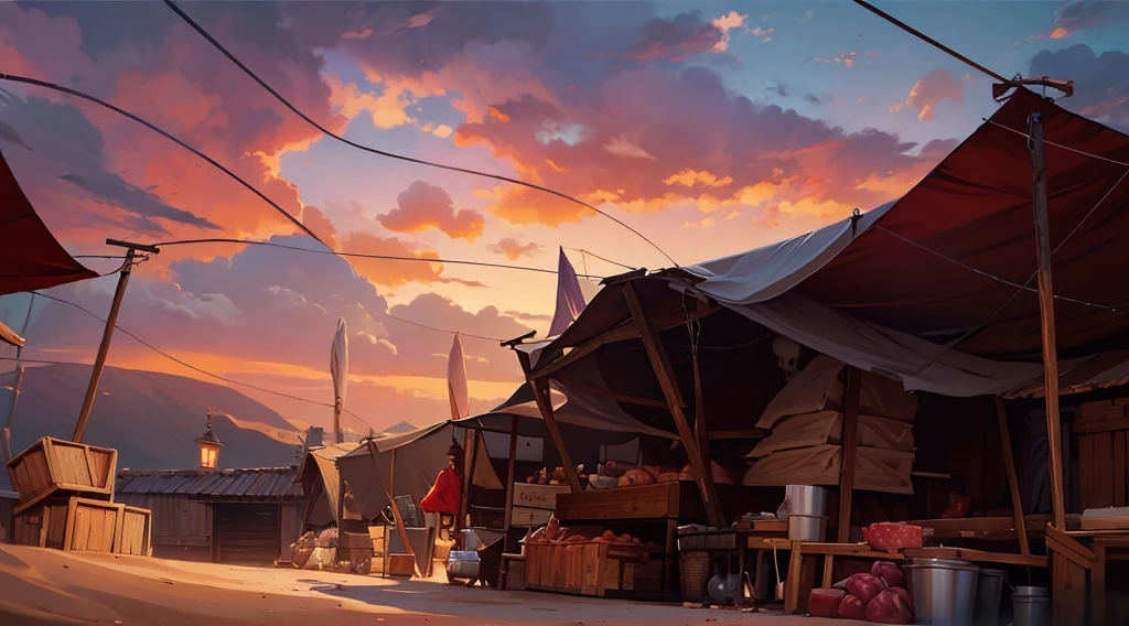 traditional market, market tents, butchery, (they sell human flesh, meats, bones, skulls), wooden table, wooden boxes, wooden basket, string, sand ground, dawn sky, early morning, low angle, AnatomicTech, 