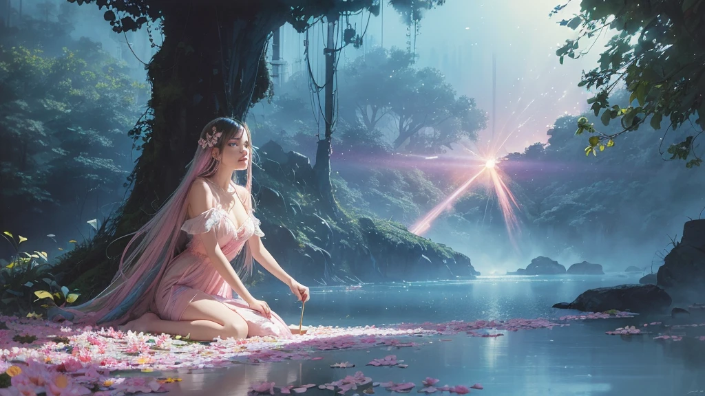 32k, Masterpiece, Highest quality, One girl, Detailed eyes, flower,Alstroemeria, Pink and light blue style,A dreamy, romantic piece,Pale yellow, Mysterious Leaves,A playful arrangement,Fantasy,High Contrast,Ink strokes,explosion,Exposure, Impression of pink and light blue tones,Abstract,((Watercolours by John Berkey and Jeremy Mann )) Brush strokes,Negative Space, Tyndall effect,