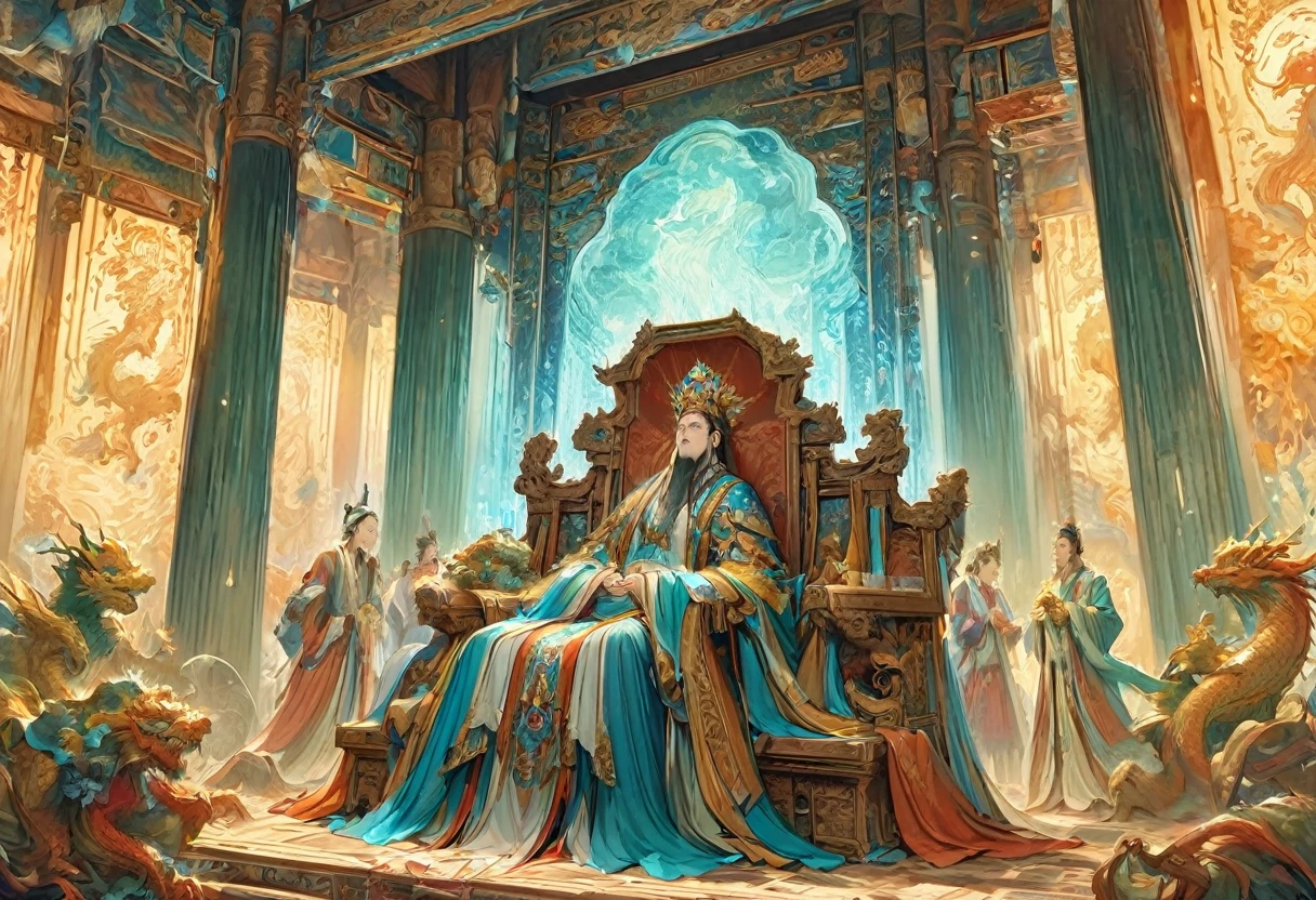 Jade Emperor seated on a magnificent golden throne in the heavenly realm. he looks down with kind, knowing eyes. A humble young farmer in simple clothing stands respectfully before the throne, looking up in awe. Surround them with floating lanterns, mythical creatures like dragons and phoenixes, and vibrant celestial flora under a soft, golden light, symbolizing the sacred nature of the encounter.