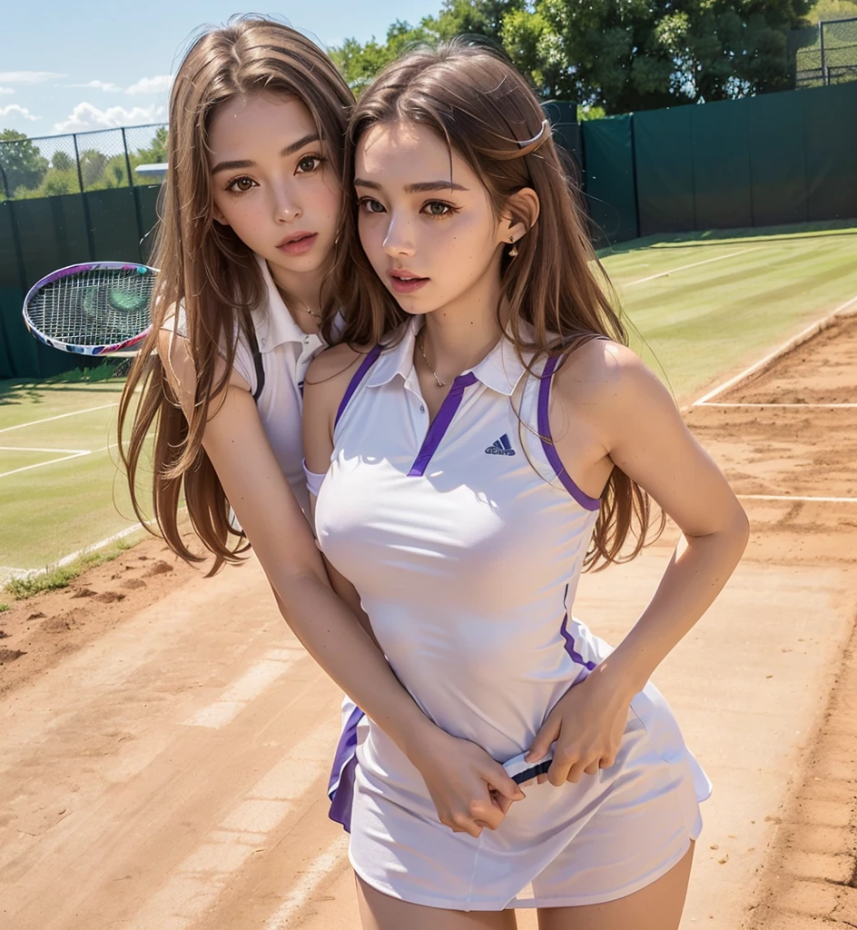 (Full Body Photo), 8k, FHD, ((Ultra Res)) (Real Face: 1.2), (Light and Vivid Colors) (Real Skin Texture), (Masterpiece), (Best Quality), (Natural Skin , soft and pale), (very straight white brown hair that shows one ear). (bright, vibrant, detailed gray eyes). (Expressive eyes with extreme details), ( , ((White collar shirt, Tennis uniform, purple minidress, tennis court, Sweatband, sports shoes, Standing (pretty face), (Perfect lips).. ( Defined body), (Perfect beauty), (Perfect nose), (Thin and light eyebrows), (Beautiful and perfect beauty, not exaggerated), (Subtle sensual makeup), (Pale, soft and smooth skin), (Beautiful model) , young and cute), (nerdy appearance), (soft curves), slim face, ((detailed  features)), beautiful woman, stunning views, perfect legs, rich upper class, silky soft hair, full body view , full body view, detailed clothing, showing her physical attributes, mariianaa19 from  woman and a man loving each other a couple touching their breasts
