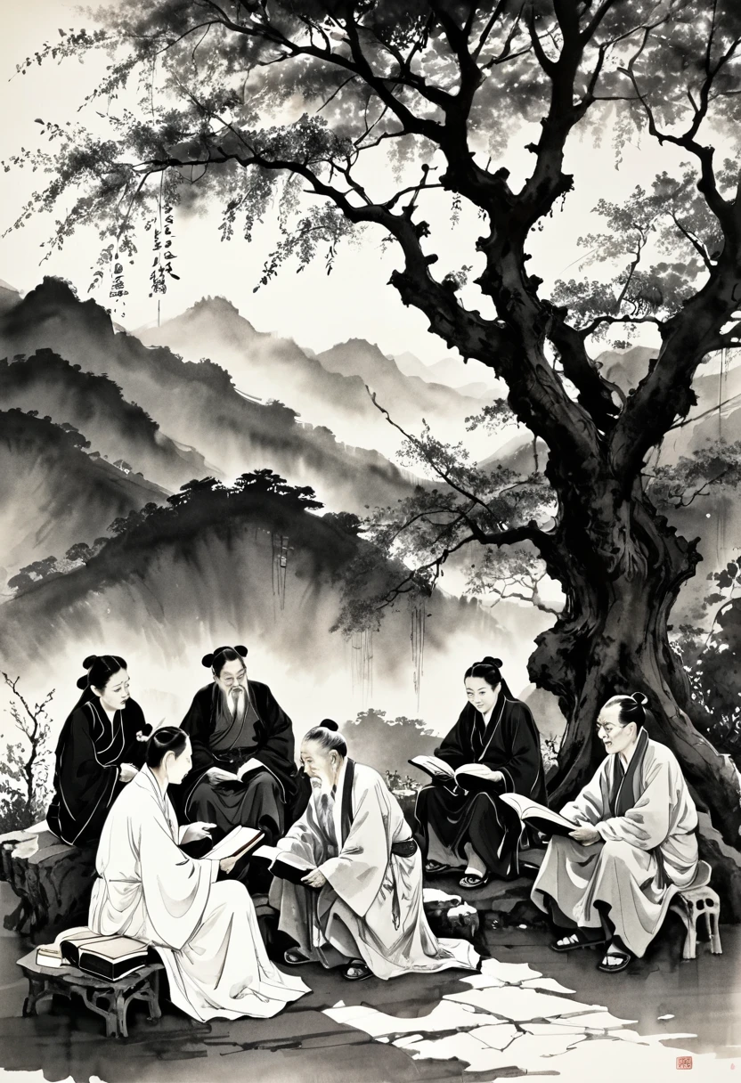 Black and white picture, ink painting, Chinese style, poetic, landscape painting, ink painting, deep in the mountains,
An elderly and kind-hearted elder was sitting in front of a big tree, holding a book in his hand and explaining the Book of Songs to the students. There were five students, and they all had rich expressions. During the conversation and discussion with the elder, the elder and the students took the Magical glowing fairy flowers sitting in front of elders with books