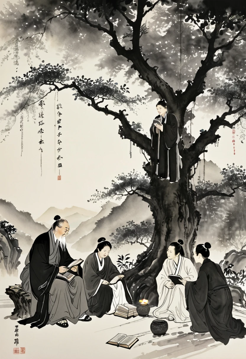 Black and white picture, ink painting, Chinese style, poetic, landscape painting, ink painting, deep in the mountains,
An elderly and kind-hearted elder was sitting in front of a big tree, holding a book in his hand and explaining the Book of Songs to the students. There were five students, and they all had rich expressions. During the conversation and discussion with the elder, the elder and the students took the Magical glowing fairy flowers sitting in front of elders with books