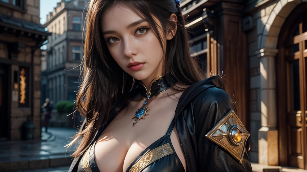 Female Mage Close-up, Girl in robe, 2. 5D CGI anime fantasy artwork, Large Breasts,Epic fantasy digital art style, detailed Digital 2D fantasy art, Digital 2D fantasy art, Gorgeous female mage,Looking at the camera,(glowing magic:1.7) Role Playing Game Character Art, Beautiful female mage, Fantasy Character Art, Epic and beautiful character art, Beautiful female mage,(Edinburgh Street:1.8),light rain,semi-body photography,Looking at the camera