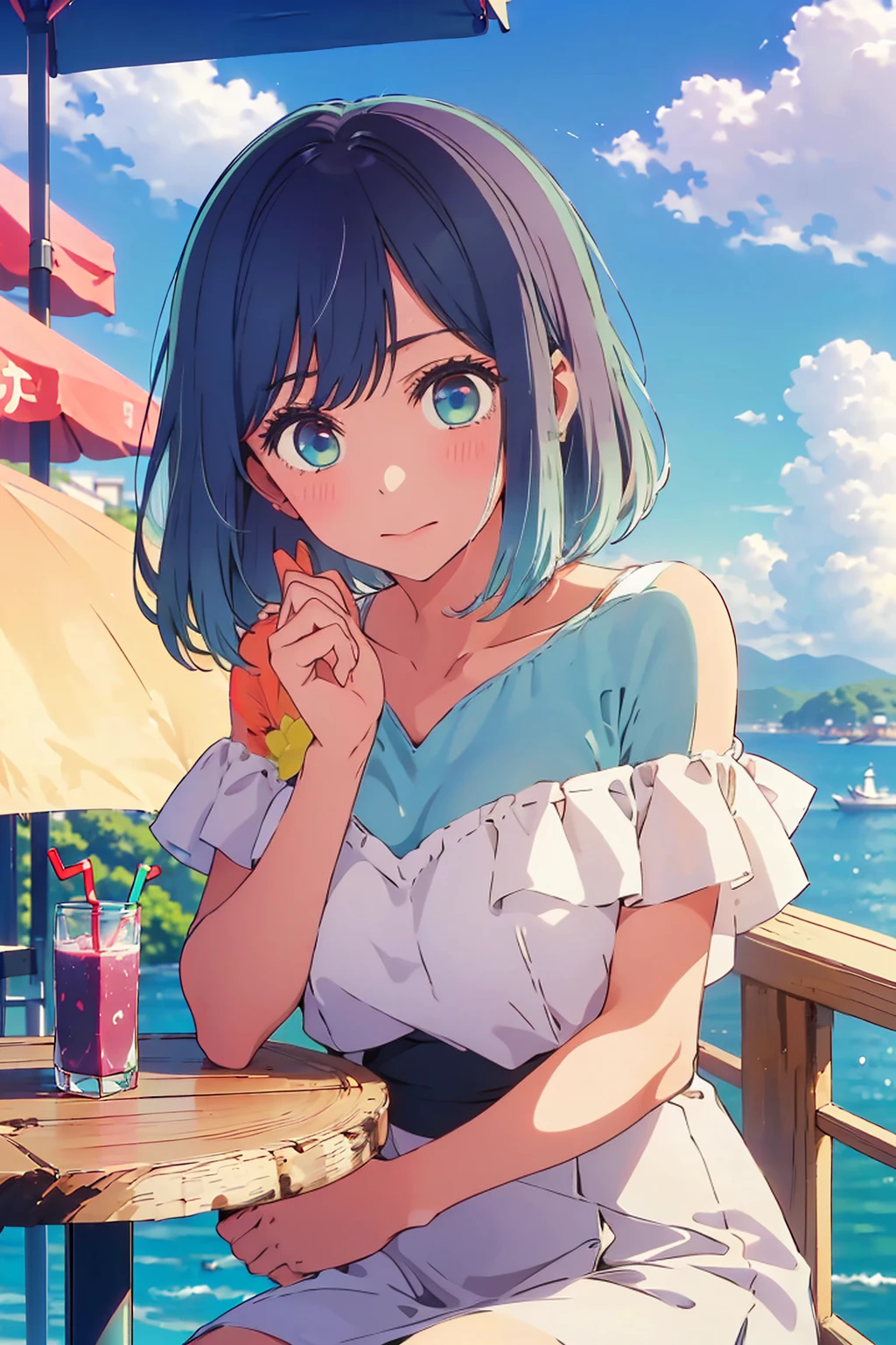 (Highest quality:1.4、8K:1.4、detailed)、F cup bust、Big Breasts、Slim body、Very white beautiful skin、((((1 person、Surprised expression、sit、Chair、In the background are the urban buildings of Tokyo、looking at the camera、Outdoor café terrace、coastal、Navy hair color、juice、Shooting up close、table、Very cute face))))、(Pose of putting hair behind ears with hands:1.4）、(((nude、Areola、Off the shoulder)))、Very blue sky、A completely cloudless sky