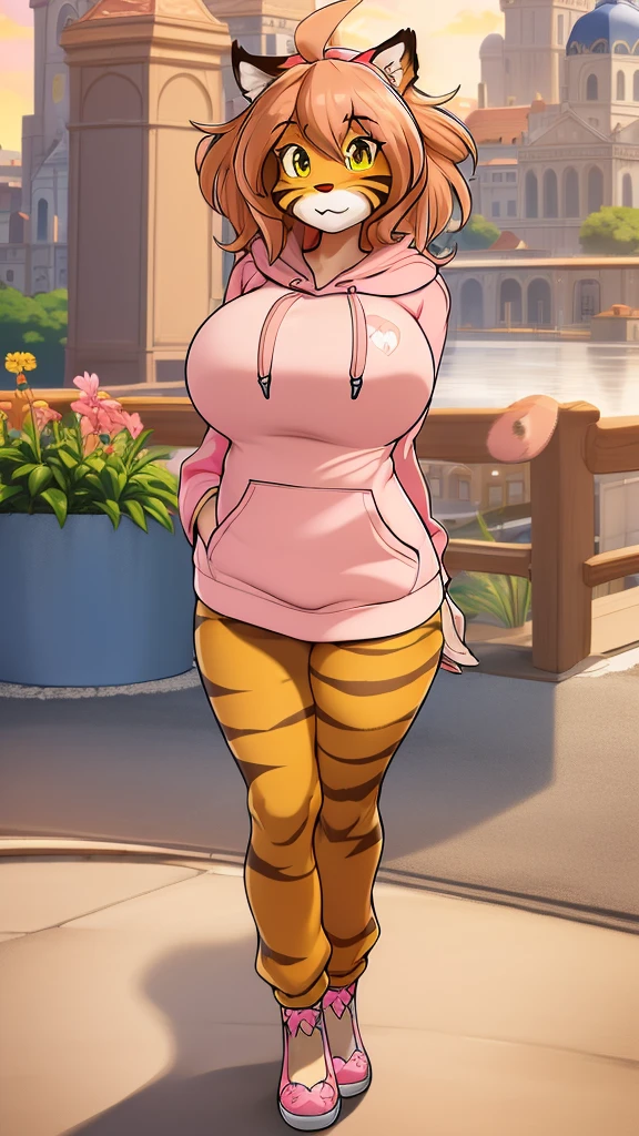 (masterpiece:1.4), (best quality:1.4), solo, city background,(Pink Hoodie:1.5), (Pants:1.5),Furry, Flora, giant thicc breasts,Tiger girl, Striped fur, big detailed yellow eyes, brown orange hair, personal ami, highly detailed face, beautiful face, highres, extremely detailed 8K wallpaper, extremely detailed character, posing,(cute:1.5), giant thicc thighs, giant thicc ass
