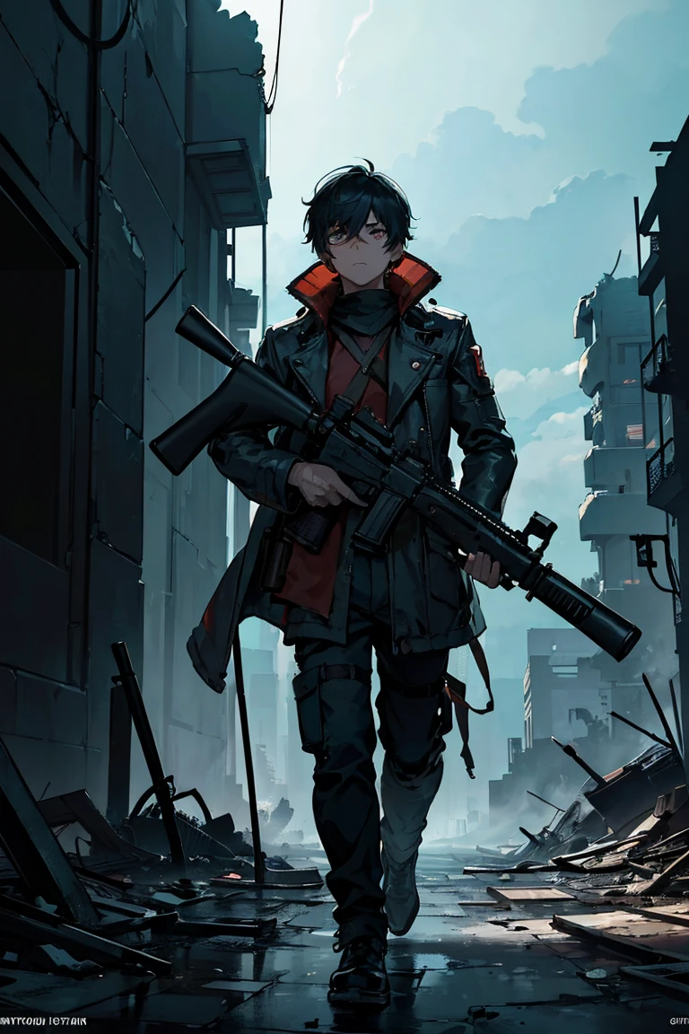 (((Submersion))), (((ruins))), ((((boy carrying a rifle)))), blue sky, Super high quality, 8K,Attractive man,Glitch Wave Style,Lolafont,Standing in an apocalyptic wilderness, Gunman, Bounty Hunter, Detailed face and jawline, Strong Eyes, Rugged appearance, Wearing a worn trench coat, Surrounded by crumbling buildings and ruins, Dramatic lighting casts shadows on his face, A sense of mystery and danger in the air, Added cyberpunk elements, Vibrant, saturated colors that enhance the futuristic feel, High-resolution detail capturing every wrinkle and texture of the man's clothing and environment, Create visually striking masterpieces.