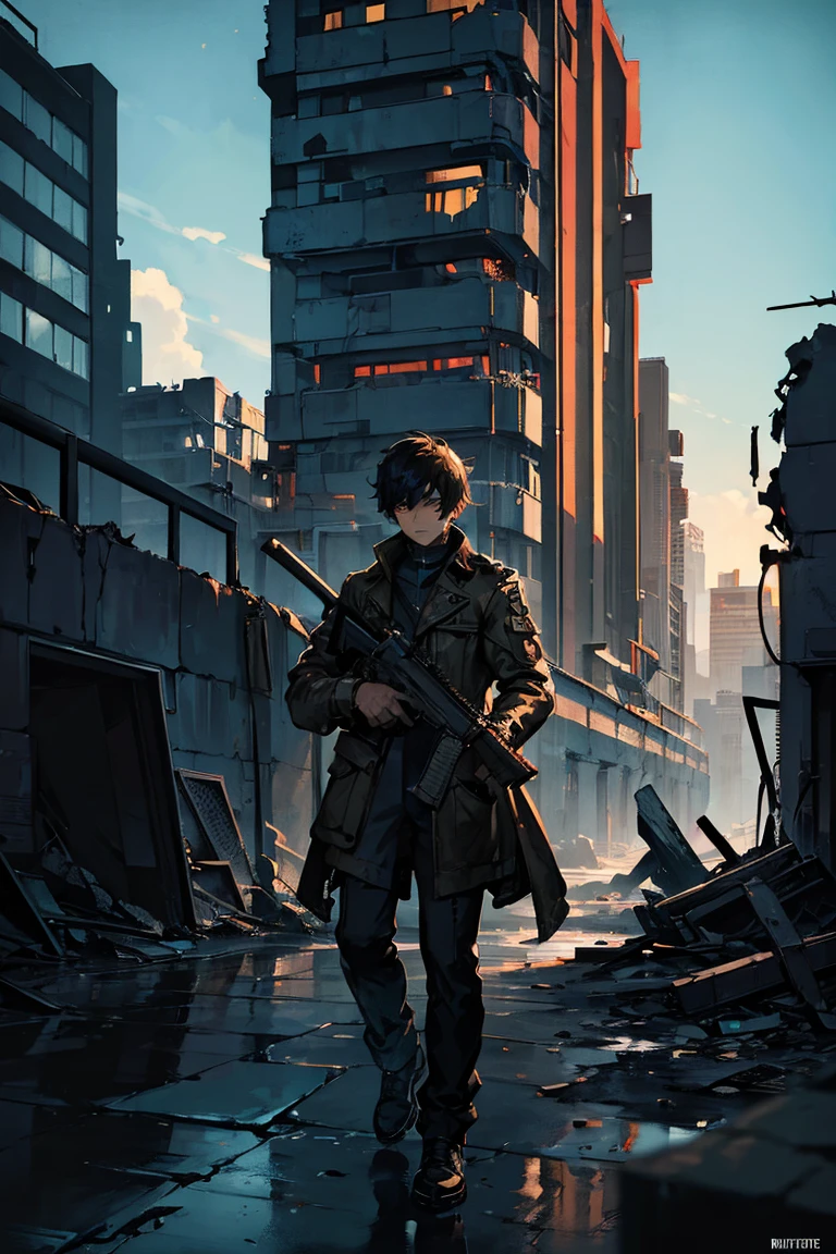 1 man with black hair walking on the destroyed street, night environment, 8K manhwua art, very detailed poster, epic style