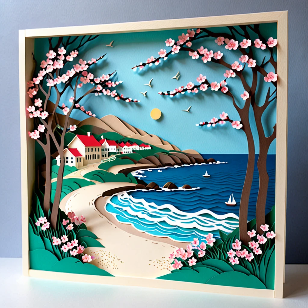 Create a detailed paper cutout artwork depicting a seaside road lined with cherry blossom trees in full bloom. The scene should include gentle waves lapping against the shore, a path meandering along the coast, and cherry blossoms falling gracefully onto the path. The background should show a serene sea with a clear blue sky, capturing the tranquility and beauty of the coastal scenery.