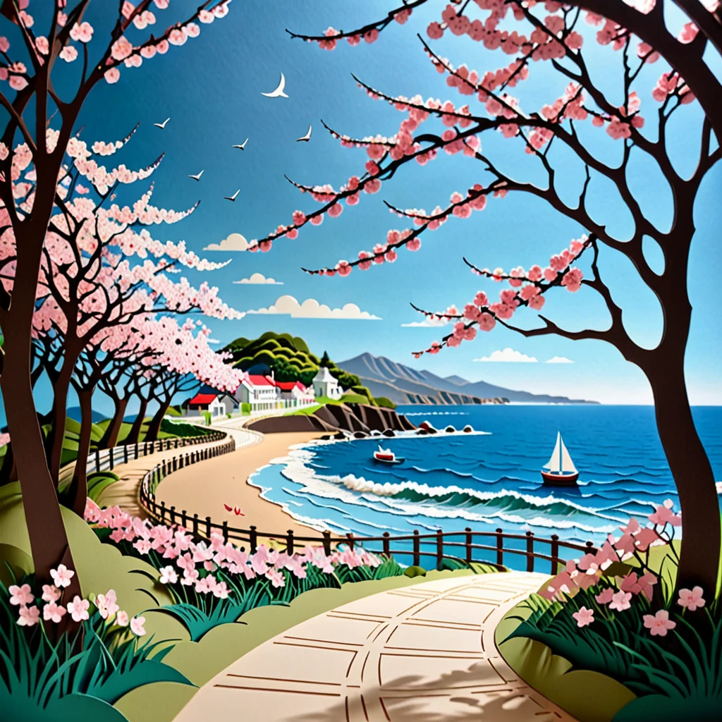 Create a detailed paper cutout artwork depicting a seaside road lined with cherry blossom trees in full bloom. The scene should include gentle waves lapping against the shore, a path meandering along the coast, and cherry blossoms falling gracefully onto the path. The background should show a serene sea with a clear blue sky, capturing the tranquility and beauty of the coastal scenery.