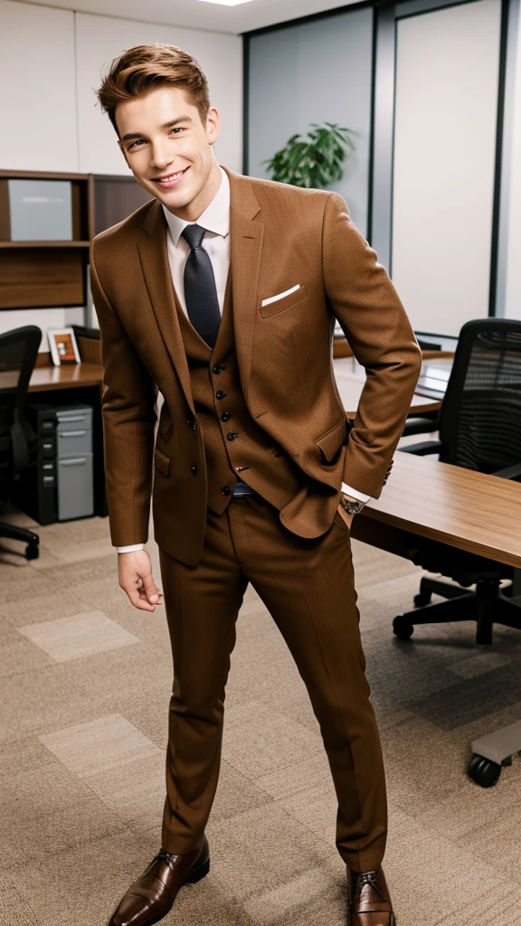 Highest quality, masterpiece, Ultra-high resolution, (Realistic:1.4), RAW Photos, Handsome young man in a suit, Brown Hair, Modern Office, smile,