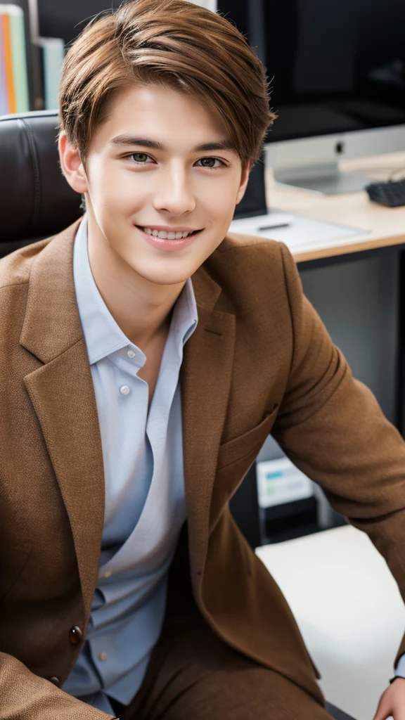 Highest quality, masterpiece, Ultra-high resolution, (Realistic:1.4), RAW Photos, Handsome young man in a suit, Brown Hair, Modern Office, smile,