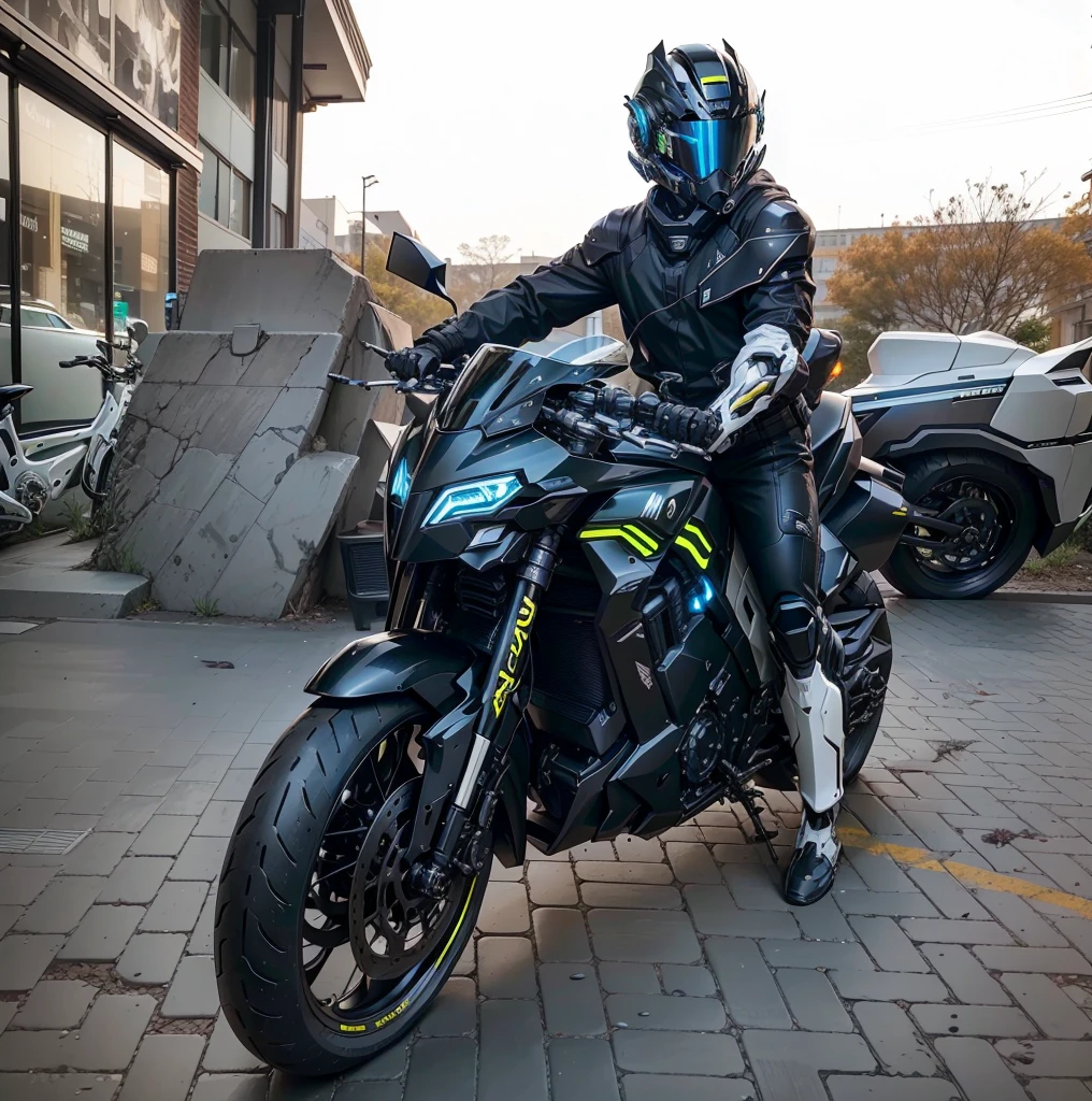 Handsome full body black mecha White short hair cyber handsome warrior, Black cybernetic motorcycle, High-tech black full face helmet, White short hair, Noel, biology, MSHN Staff, High-tech helmet, Surrealism, steel, Complex design, Crazy details, Fine details, The lines are very clear, Light, Photorealism, A meticulous masterpiece