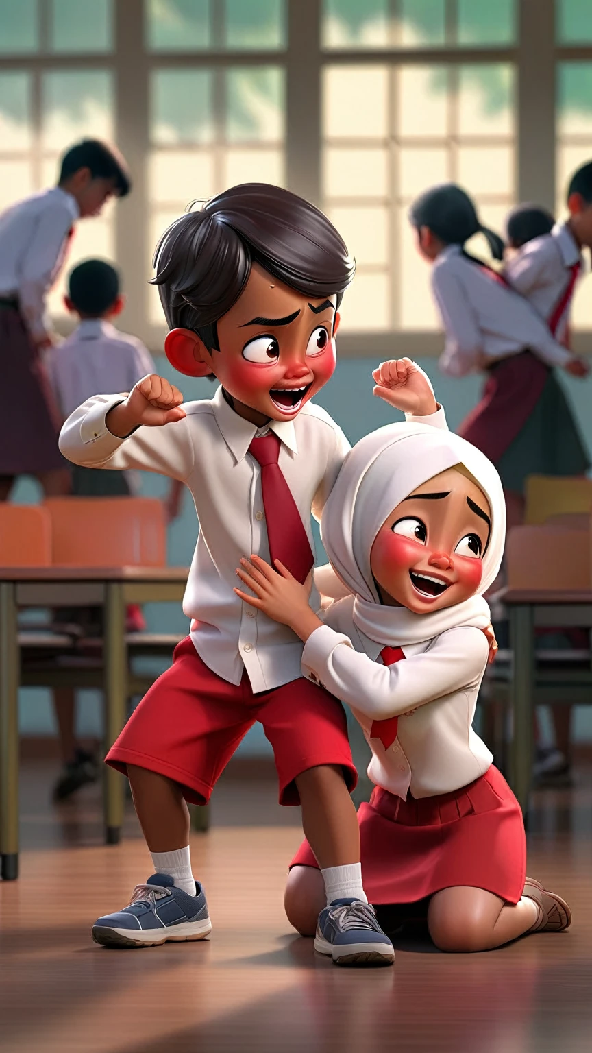 3d image of an Indonesian boy wearing a white shirt, red tie and red shorts who is trying to protect himself by puffing out his chest and hands, he is protecting a girl wearing a white hijab, white long-sleeved shirt and red skirt, feeling very scared, hiding behind his back, You can see hands pointing at them, in the background silhouettes of children pointing at them while laughing, classroom background