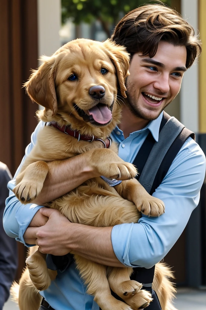 Timmy's face lights up with uncontainable joy as he sees his approaching, carrying a fluffy golden retriever puppy in their arms.