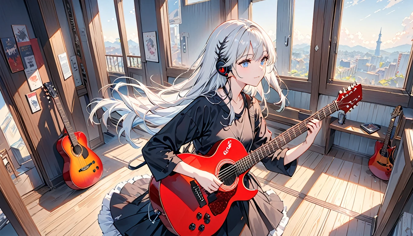 ((masterpiece、Highest quality)) One girl、alone、Black Skirt、Silver-white hair、blue eyes、エレキguitar、guitar、Headphones、lift、Thorn、musical instrument、long hair、music、From one side to the top、Red reflection black hair、playing the guitar、Black Shirt、Inside