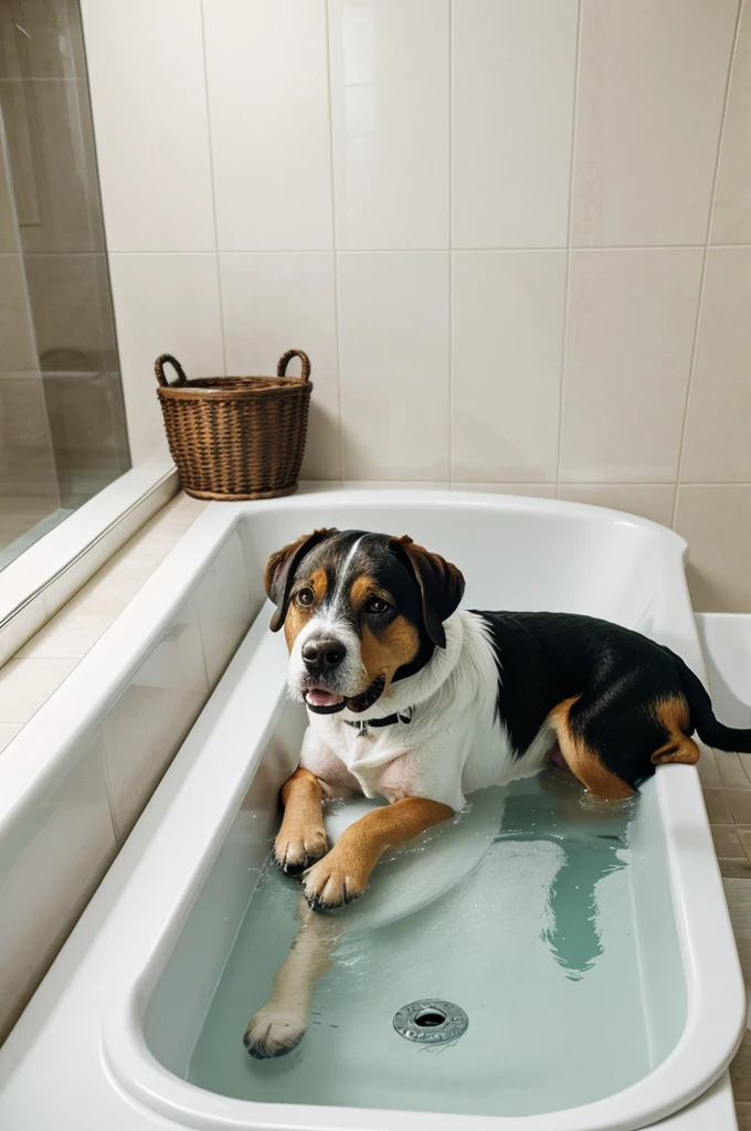 A dog both in bathroom in bathtub 